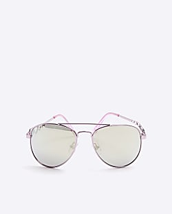 Girls Pink Mirrored Heart Aviator Sunglasses