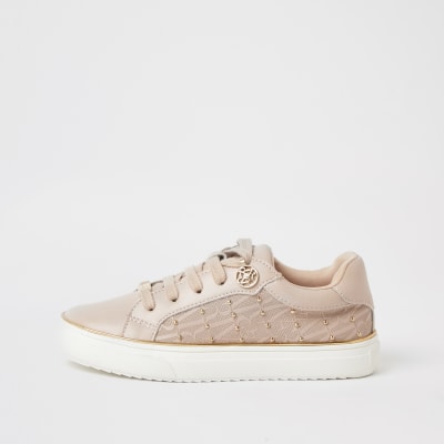 Girls pink monogram studded trainers | River Island