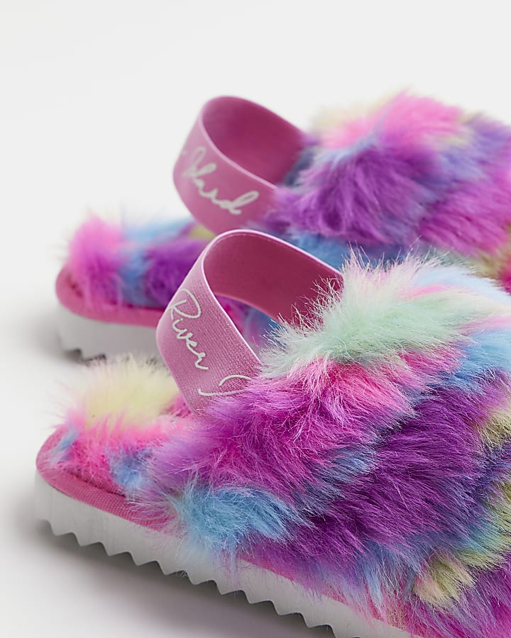 Girls Pink Multicoloured Faux Fur Slippers