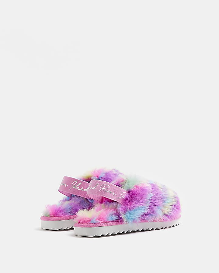 Girls Pink Multicoloured Faux Fur Slippers