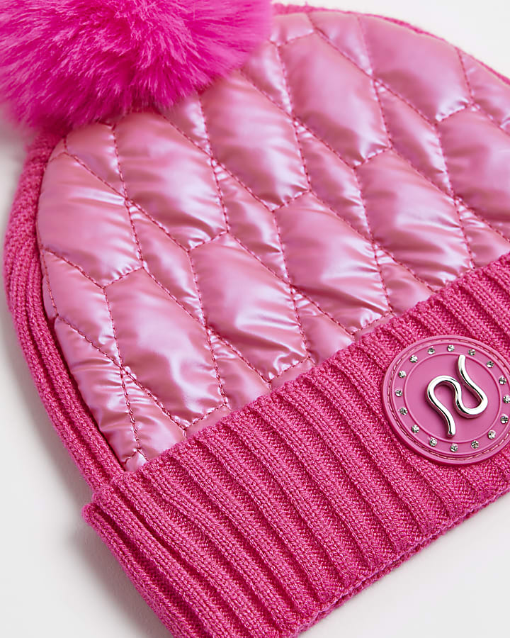 Girls Pink Nylon Padded pom pom Beanie hat