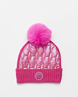 Girls Pink Nylon Padded pom pom Beanie hat