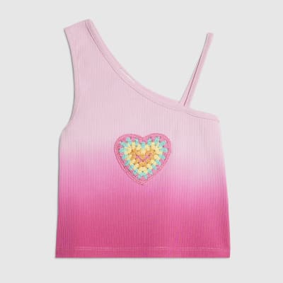 Girls Pink One Shoulder Heart Tank Top