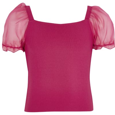 Girls pink organza puff sleeve knit top | River Island