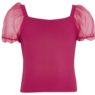 Girls pink organza puff sleeve knit top River Island