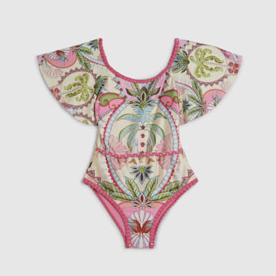 Girls Pink Palm Tree Print Swimsuit