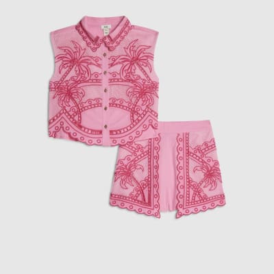 Girls Pink Palm Tree Shirt And Shorts Set