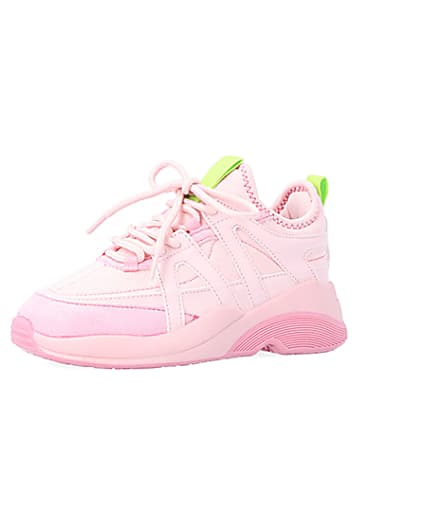 360 degree animation of product Girls Pink Panel Lace Up Chunky Trainers frame-1