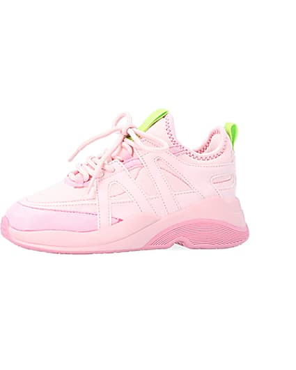 360 degree animation of product Girls Pink Panel Lace Up Chunky Trainers frame-2