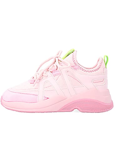 360 degree animation of product Girls Pink Panel Lace Up Chunky Trainers frame-3
