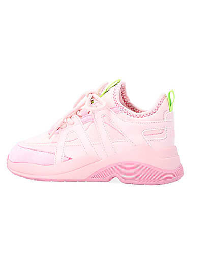 360 degree animation of product Girls Pink Panel Lace Up Chunky Trainers frame-4