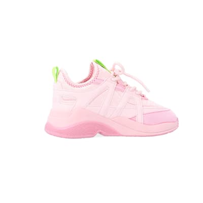 360 degree animation of product Girls Pink Panel Lace Up Chunky Trainers frame-14