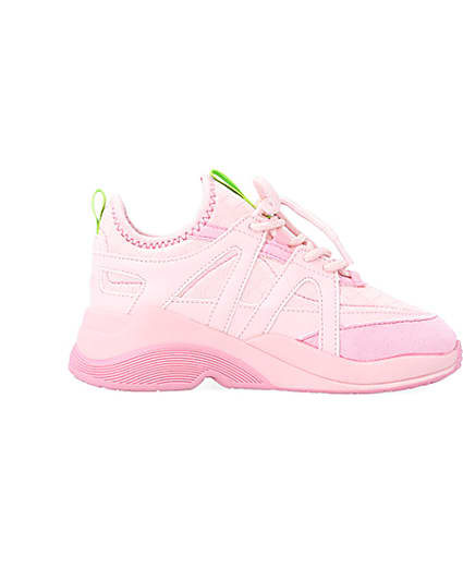 360 degree animation of product Girls Pink Panel Lace Up Chunky Trainers frame-15