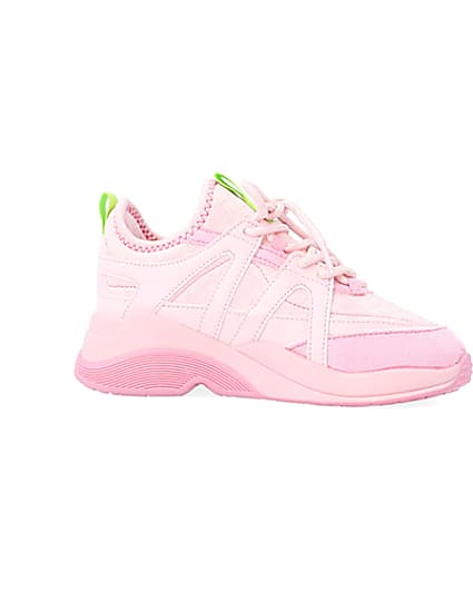 360 degree animation of product Girls Pink Panel Lace Up Chunky Trainers frame-16