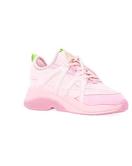 360 degree animation of product Girls Pink Panel Lace Up Chunky Trainers frame-17