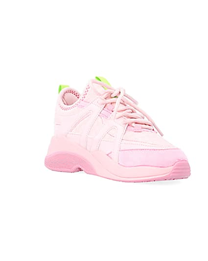 360 degree animation of product Girls Pink Panel Lace Up Chunky Trainers frame-18