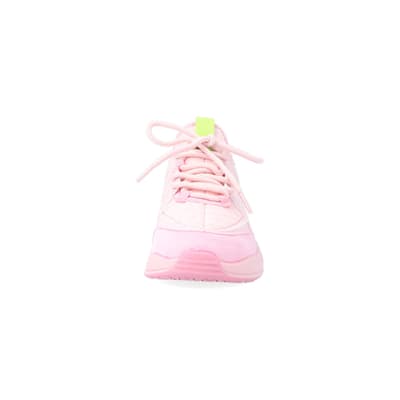 360 degree animation of product Girls Pink Panel Lace Up Chunky Trainers frame-21