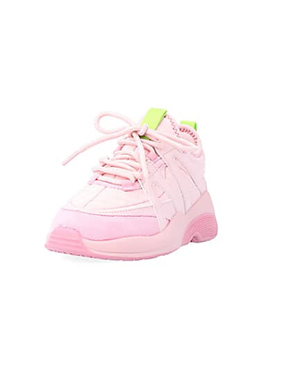 360 degree animation of product Girls Pink Panel Lace Up Chunky Trainers frame-23