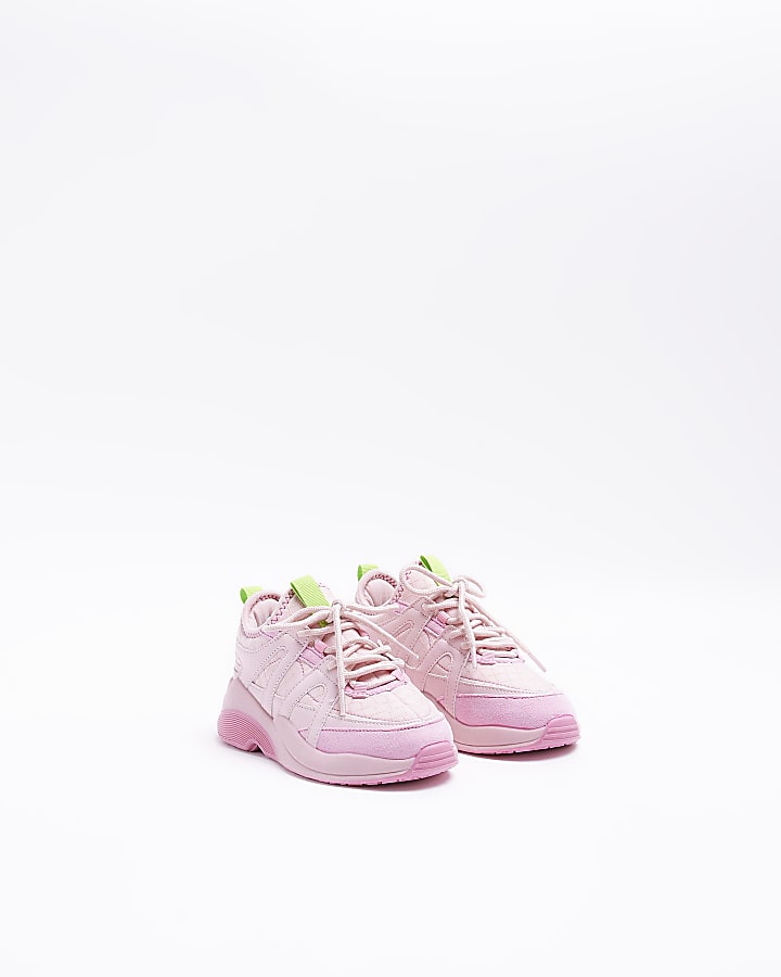 Girls Pink Panel Lace Up Chunky Trainers