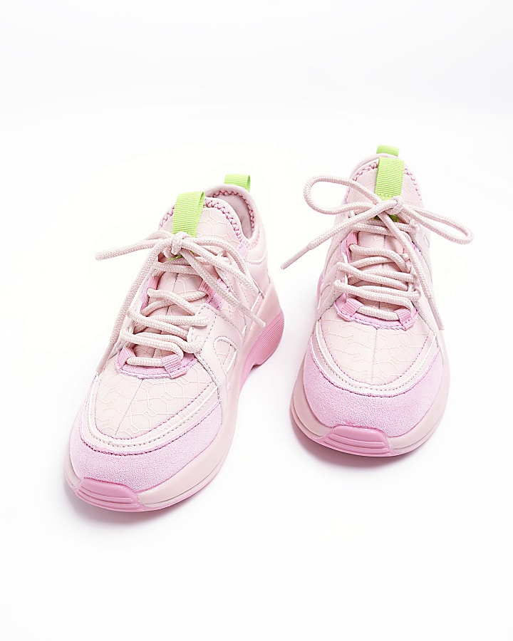 Girls Pink Panel Lace Up Chunky Trainers