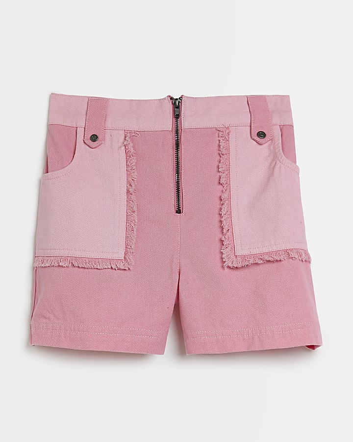 Girls pink patchwork fringed shorts