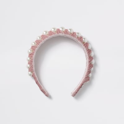 Girls pink pearl wrapped headband River Island