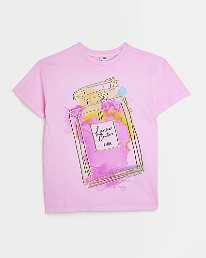 Girls pink perfume bottle graphic t-shirt