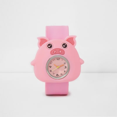 Girls pink pig snap on watch