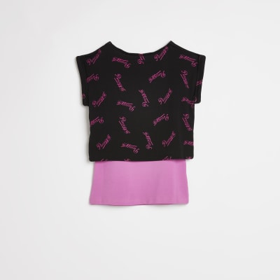 Girls pink Pineapple 2 in 1 crop top | River Island