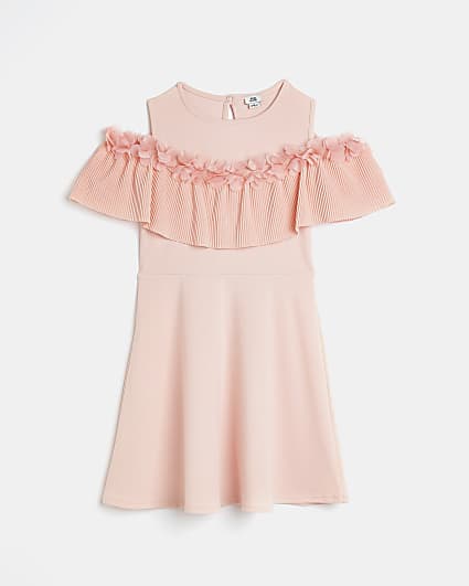 Girls pink plisse cold shoulder dress