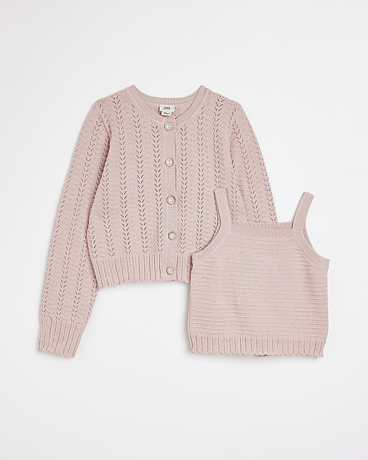 Girls pink pointelle cardi and cami set