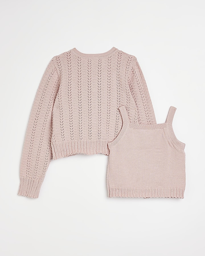 Girls pink pointelle cardi and cami set