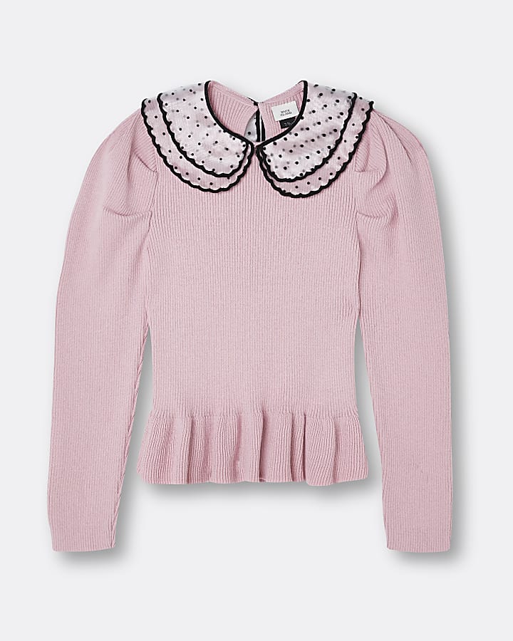 Girls pink polka dot collar peplum jumper