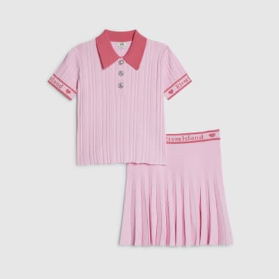 Girls Pink Polo Shirt And Skirt Set