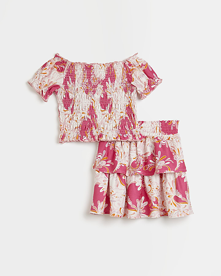 Girls pink printed shirred bardot skirt set