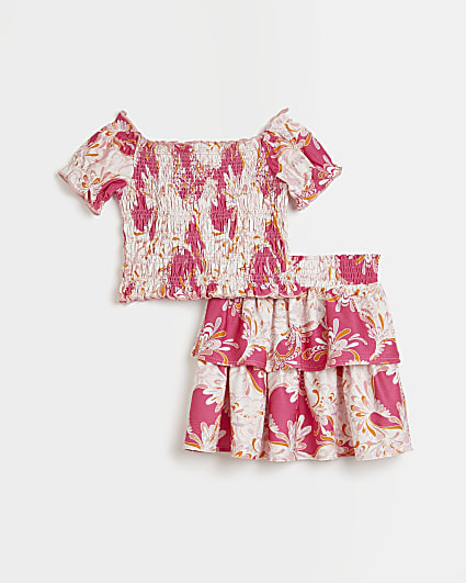 Girls pink printed shirred bardot skirt set