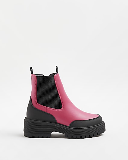 Girls Pink PU Ribbed Gusset Boots