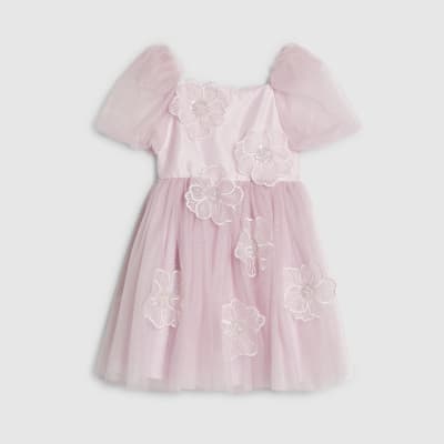 Girls Pink Puff Sleeve Floral Tulle Dress