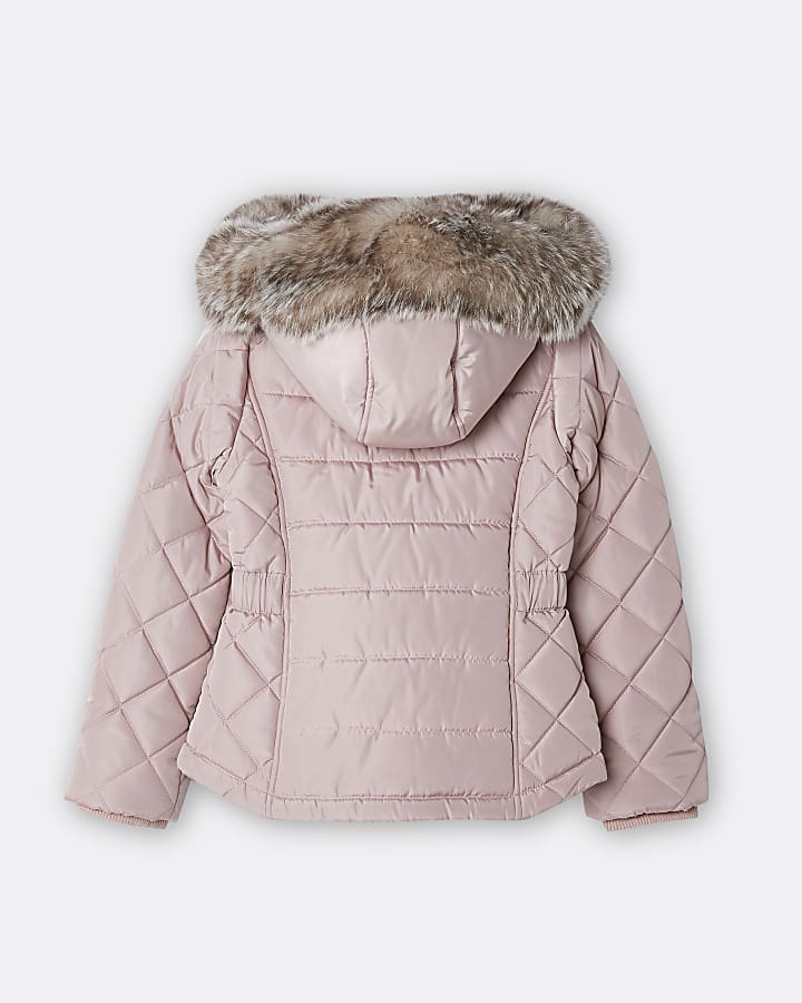 Girls pink quilted hooded matte puffer coat