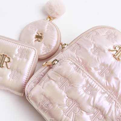 Girls Pink Quilted Pom Pom Bag Gift Set River Island