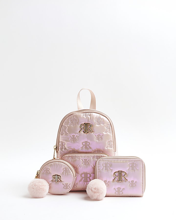 Girls Pink Quilted Pom Pom Bag Gift Set
