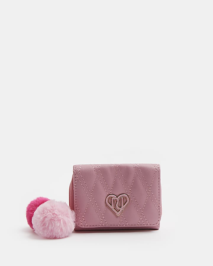 Girls pink quilted pom pom purse