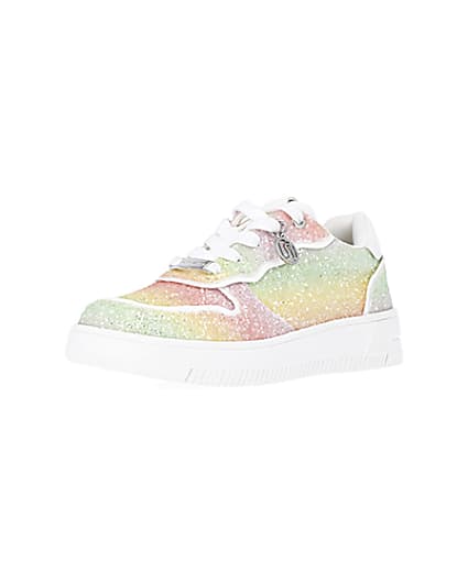 360 degree animation of product Girls Pink Rainbow Glitter lace up Trainers frame-0