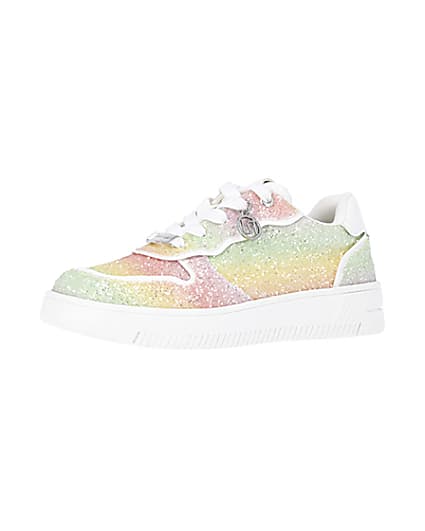 360 degree animation of product Girls Pink Rainbow Glitter lace up Trainers frame-1