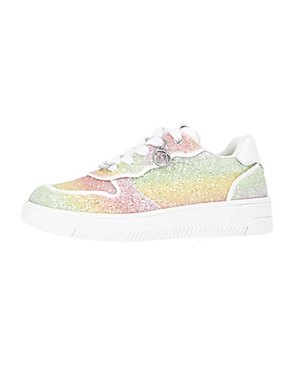 360 degree animation of product Girls Pink Rainbow Glitter lace up Trainers frame-2