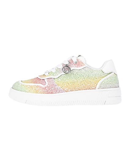 360 degree animation of product Girls Pink Rainbow Glitter lace up Trainers frame-3