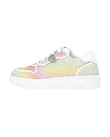 360 degree animation of product Girls Pink Rainbow Glitter lace up Trainers frame-4