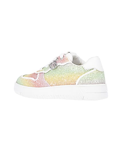 360 degree animation of product Girls Pink Rainbow Glitter lace up Trainers frame-5