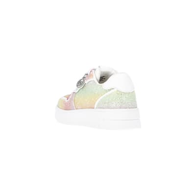 360 degree animation of product Girls Pink Rainbow Glitter lace up Trainers frame-7