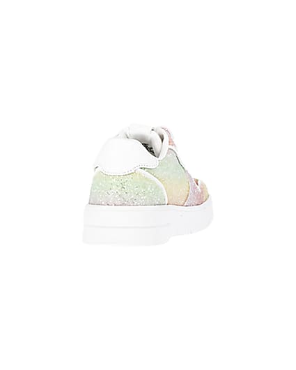 360 degree animation of product Girls Pink Rainbow Glitter lace up Trainers frame-10